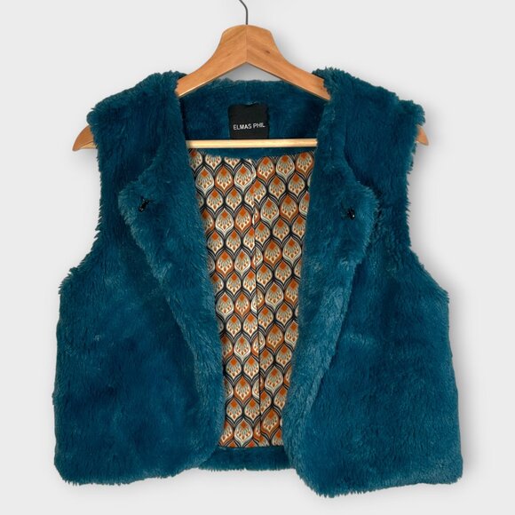 High End Elmas Phil Faux Fur Vest MEDIUM Teal Made in Italy EUC - Picture 2 of 11